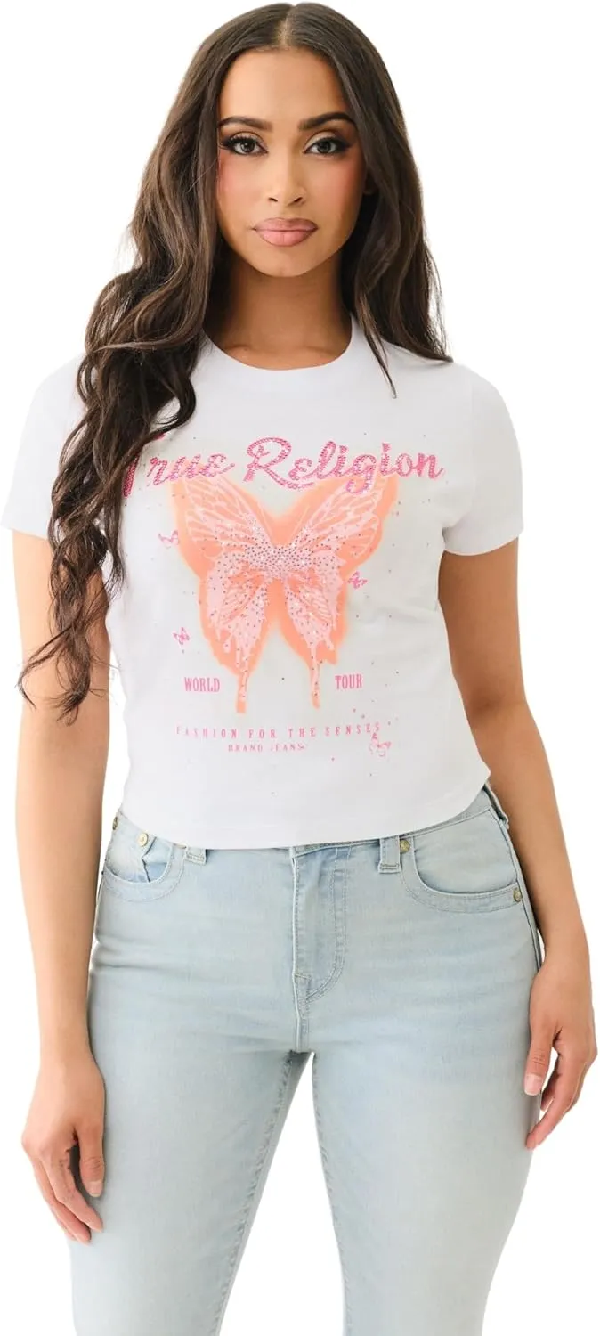 True Religion Women's Crystal Butterfly Baby Crew Tee - Casual Crew Neck T-Shirt
