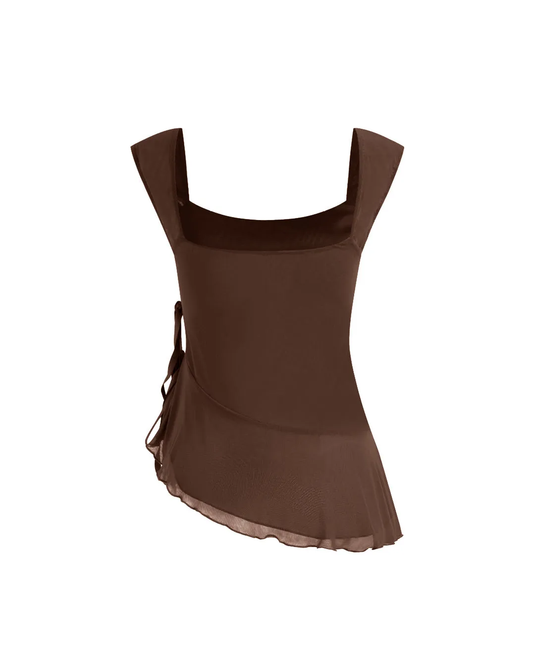 U-neckline Asymmetrical Ruffle Knotted Tank Top In Chocolate Brown