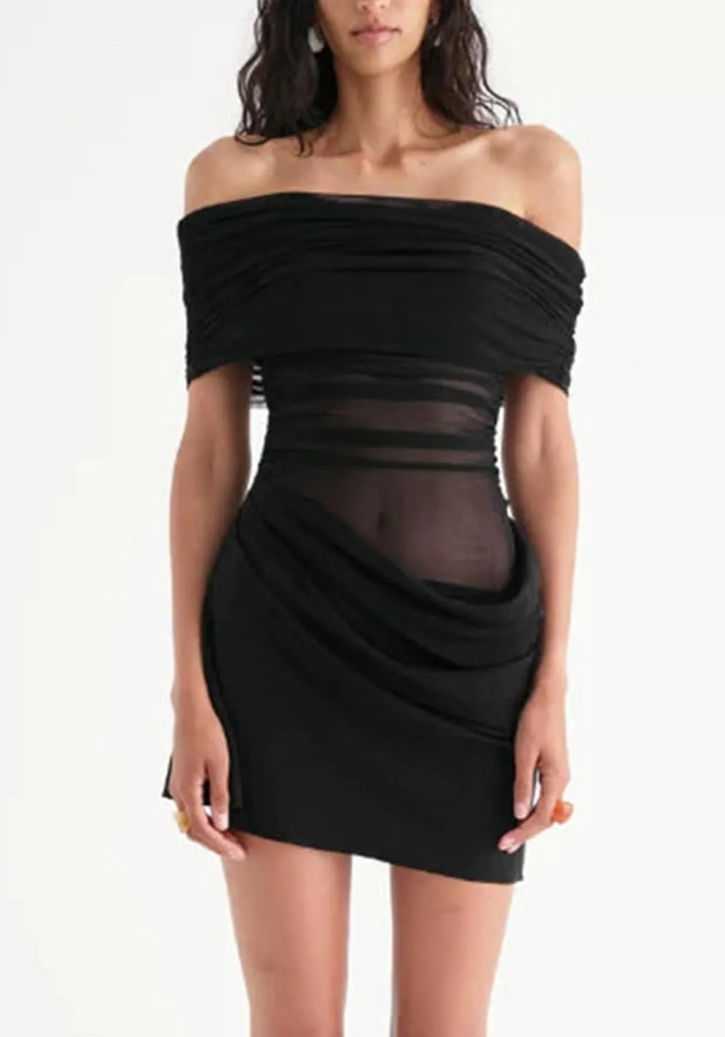 Unybwonn Off Shoulder Mini Dress Sexy Sheer Mesh Ruched Short Dresses Y2k Party Clubwear Cocktail Dress