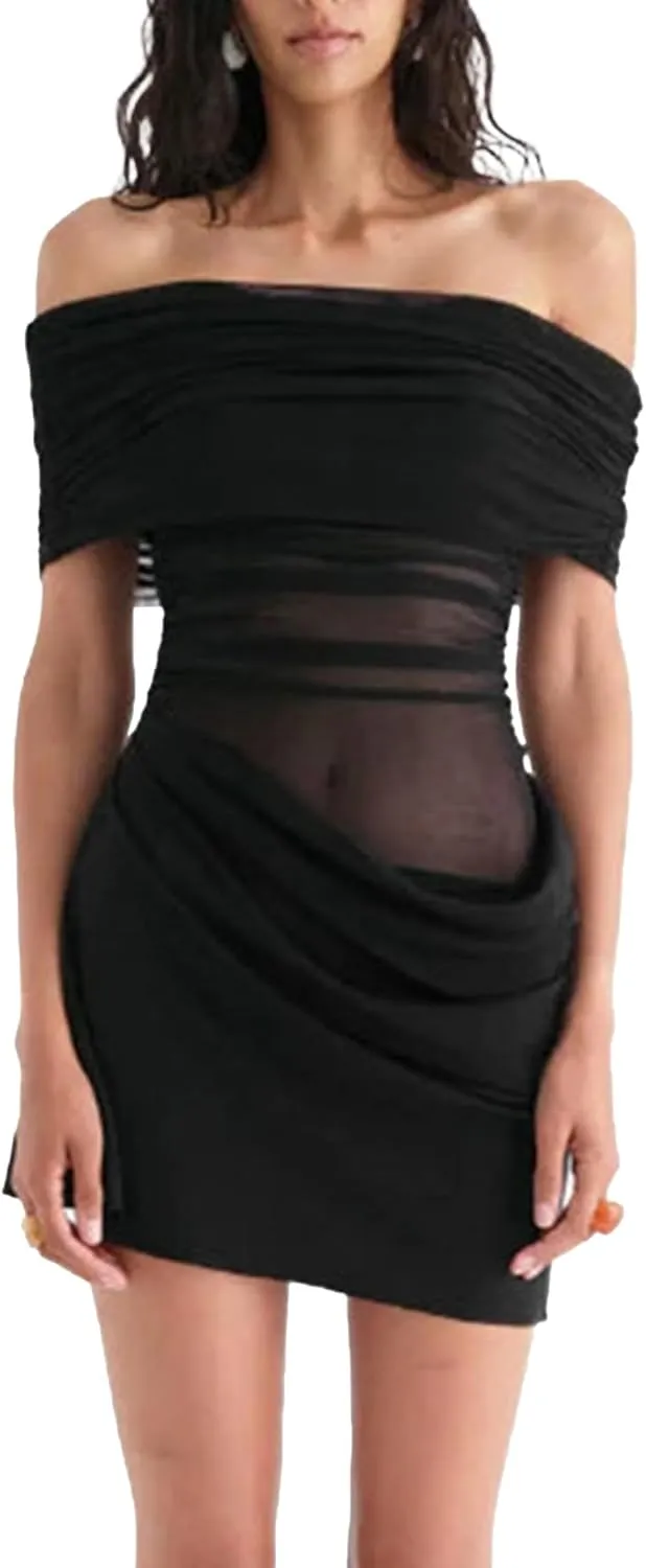 Unybwonn Off Shoulder Mini Dress Sexy Sheer Mesh Ruched Short Dresses Y2k Party Clubwear Cocktail Dress