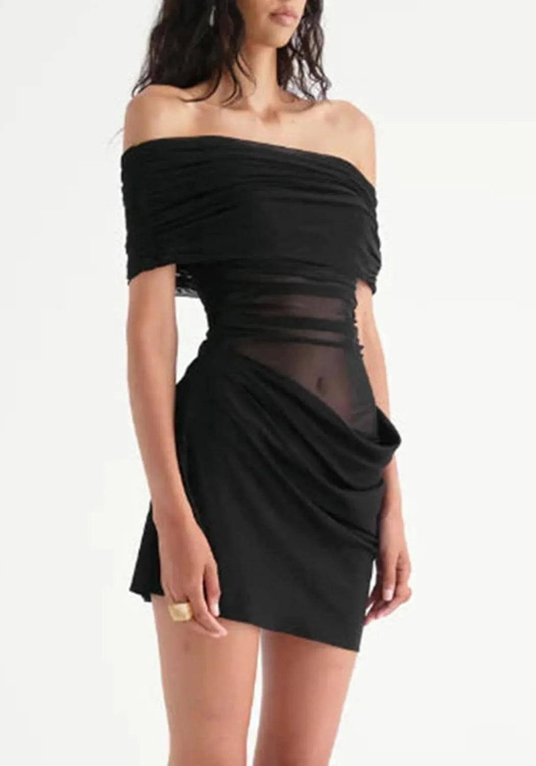 Unybwonn Off Shoulder Mini Dress Sexy Sheer Mesh Ruched Short Dresses Y2k Party Clubwear Cocktail Dress