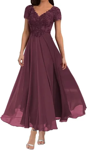V Neck Mother of The Bride Dresses Short Sleeves Lace Appliques Formal Evening Dress for Wedding Guest Woman