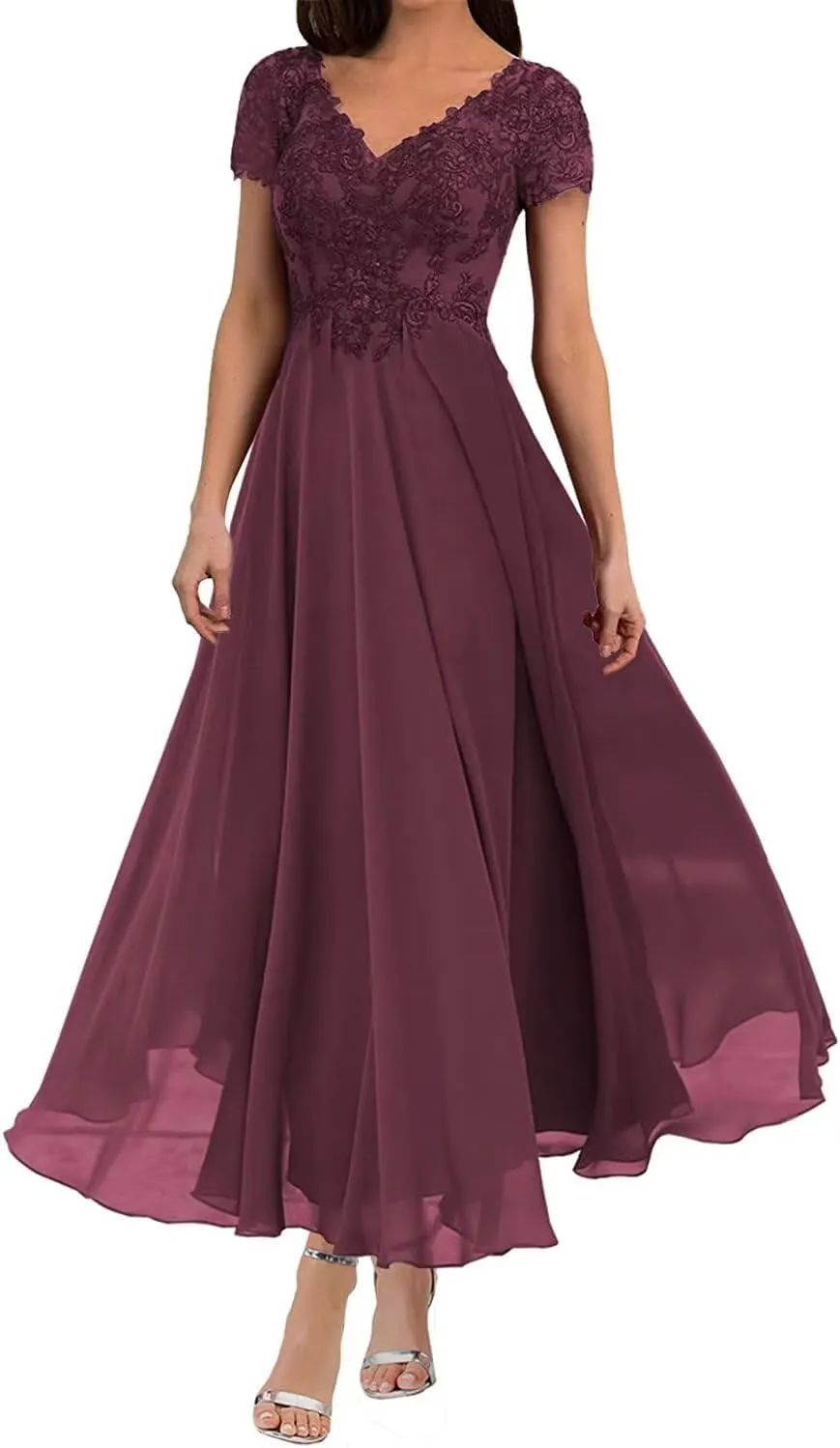 V Neck Mother of The Bride Dresses Short Sleeves Lace Appliques Formal Evening Dress for Wedding Guest Woman