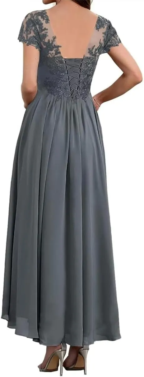 V Neck Mother of The Bride Dresses Short Sleeves Lace Appliques Formal Evening Dress for Wedding Guest Woman