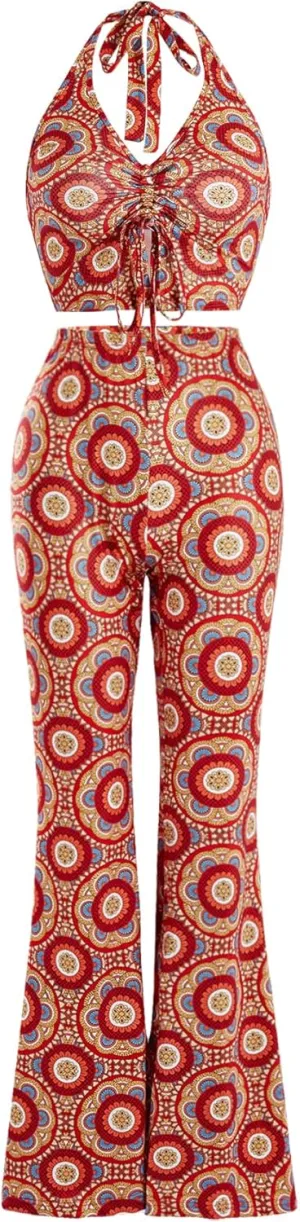 Verdusa Women's 2 Piece Outfits Drawstring Crop Halter Top and Wide Leg Pant Sets