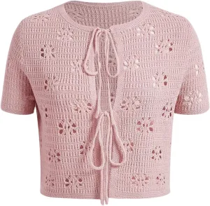 Verdusa Women's Hollow Out Tie Front Cardigan Round Neck Short Sleeve Sweater Knit Top