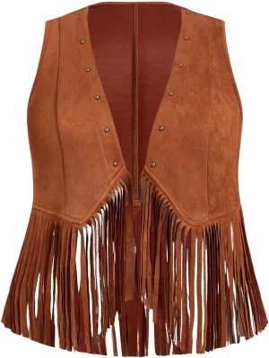 Verdusa Women's Plus Size Studded Fringe Vest Hippie Sleeveless Jacket Cardigan