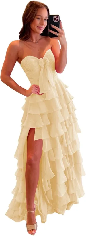 VGZ Tiered Ruffle Prom Dresses for Women Strapless Chiffon Long Formal Evening Gown with Bow Slit