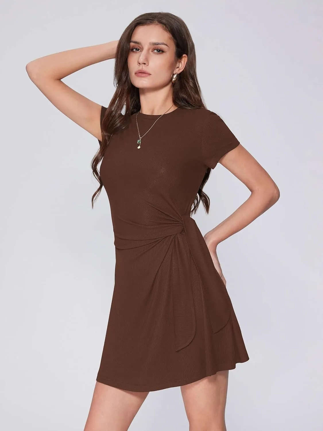 Vinova Women Tie Waist Dress Summer Crew Neck Wrap Mini Dresses Short Sleeve Ruched Bodycon Sundress
