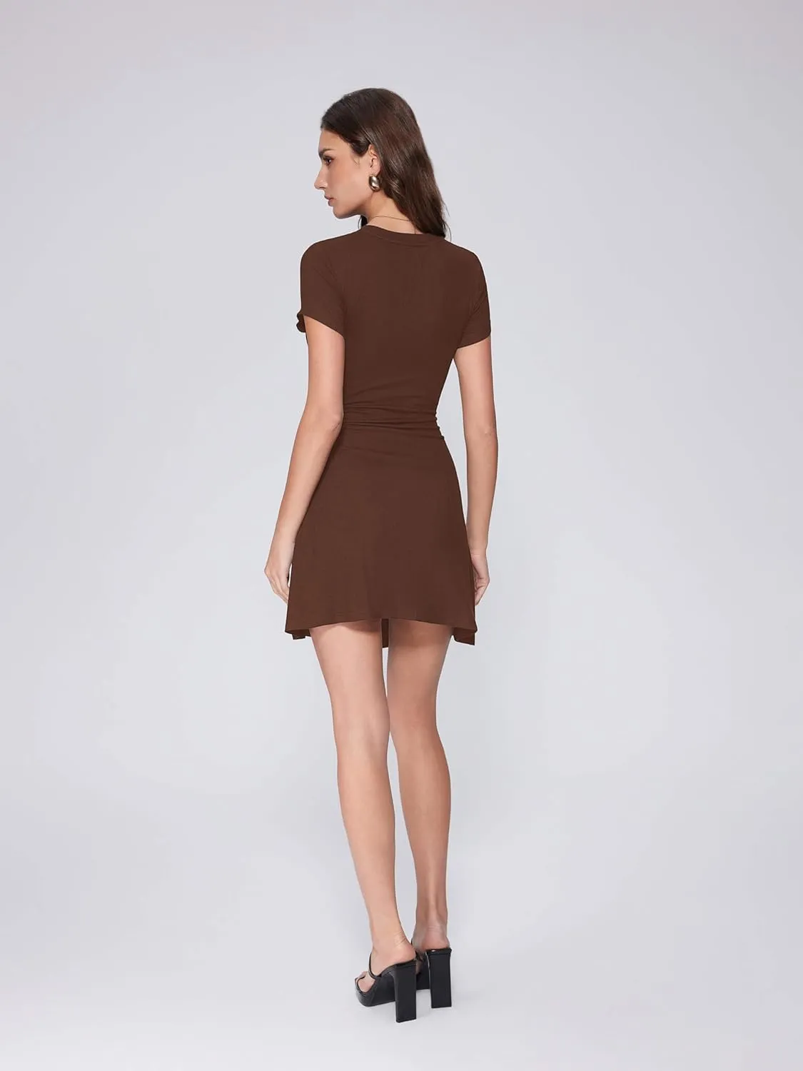 Vinova Women Tie Waist Dress Summer Crew Neck Wrap Mini Dresses Short Sleeve Ruched Bodycon Sundress