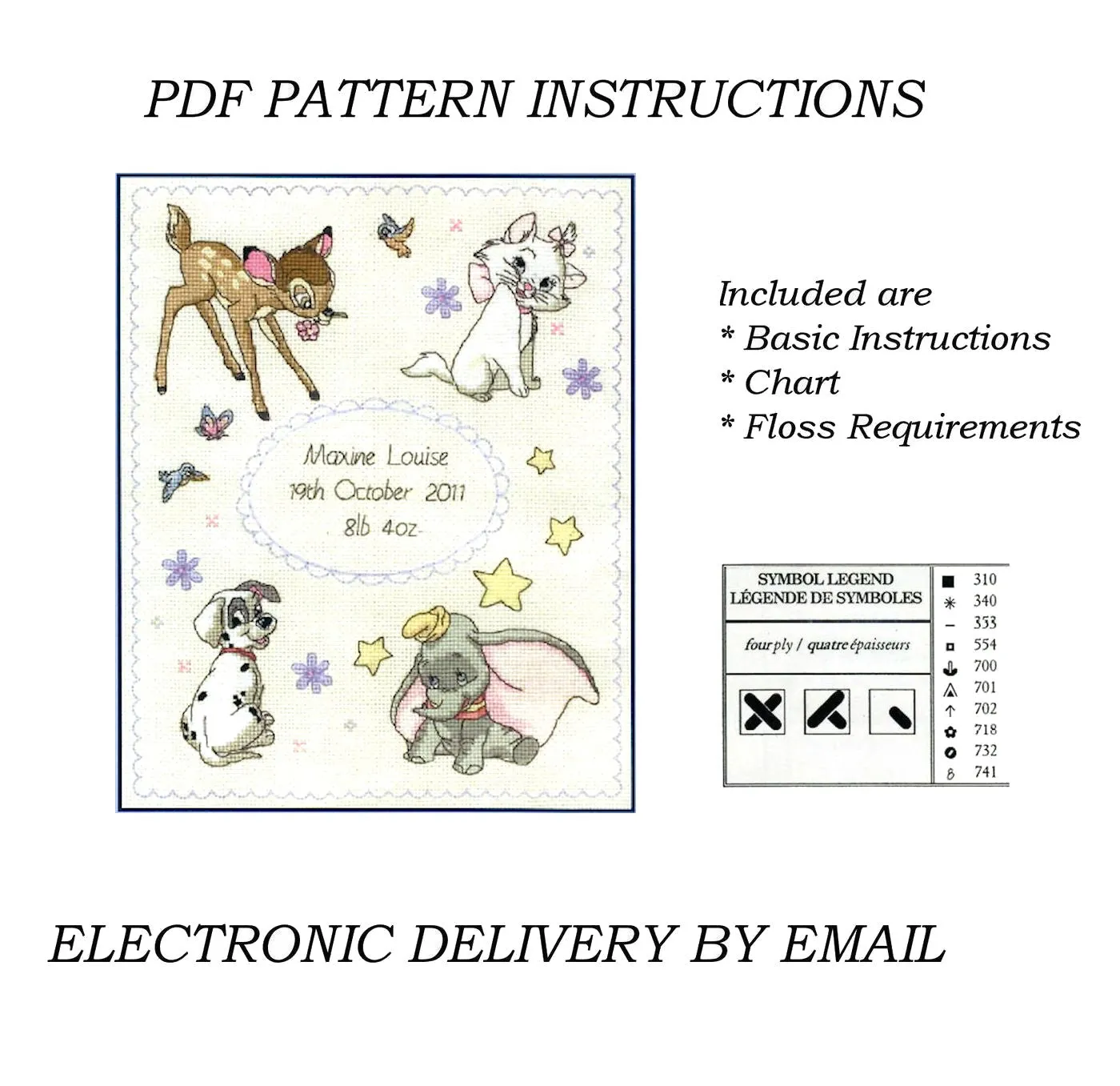 Vintage Rare Disney Baby Counted Cross Stitch Baby Birth Announcement Kit Keepsake Record Sampler or PDF Pattern Chart Instructions DPST006 - Bambi Aristocats Marie Dalmatians Dumbo - by Anchor 2000s