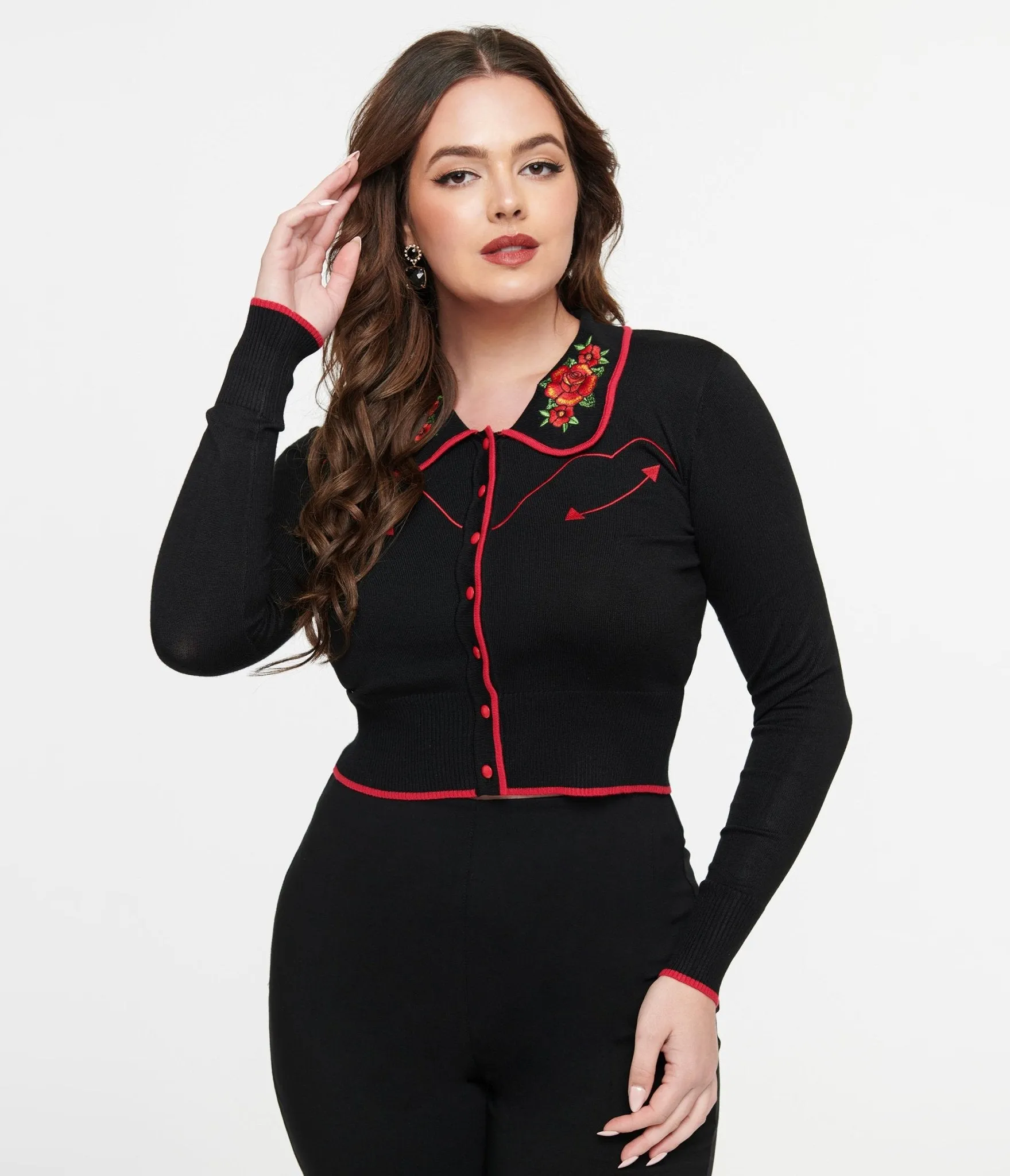 Voodoo Vixen 1950s Black & Red Western Rose Cardigan