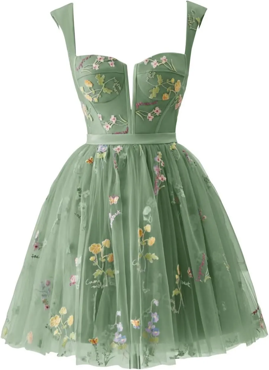 Wchecalino Women's Short Homecoming Dresses 2025 Flower Embroidery Tulle Prom Dress Formal Party Gown