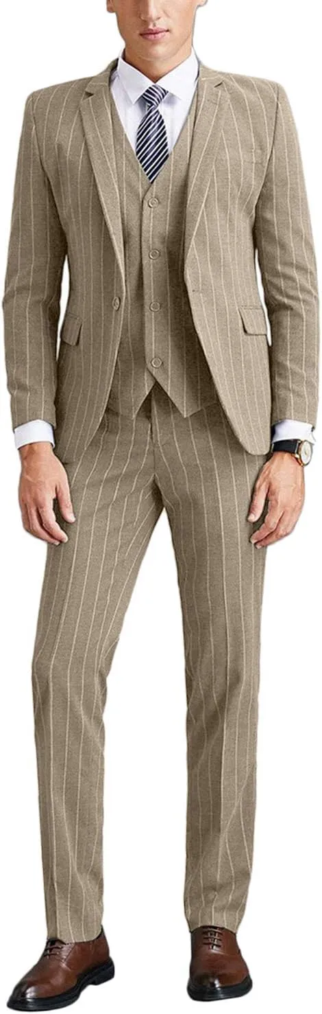 Wemaliyzd Men's Slim Fit 3 Pieces Pinstripe Thicken Suit 4 Buttons Vest Separate Pants