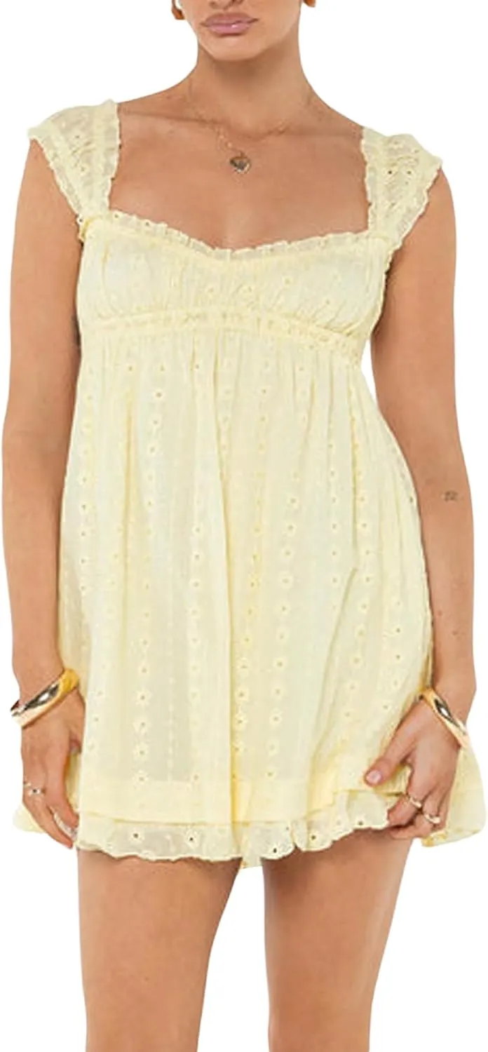 Women Floral Embroidery Mini Dress Sleeveless Ruffle Straps Flowy Sundress Solid Ruched High Waist A-line Dresses
