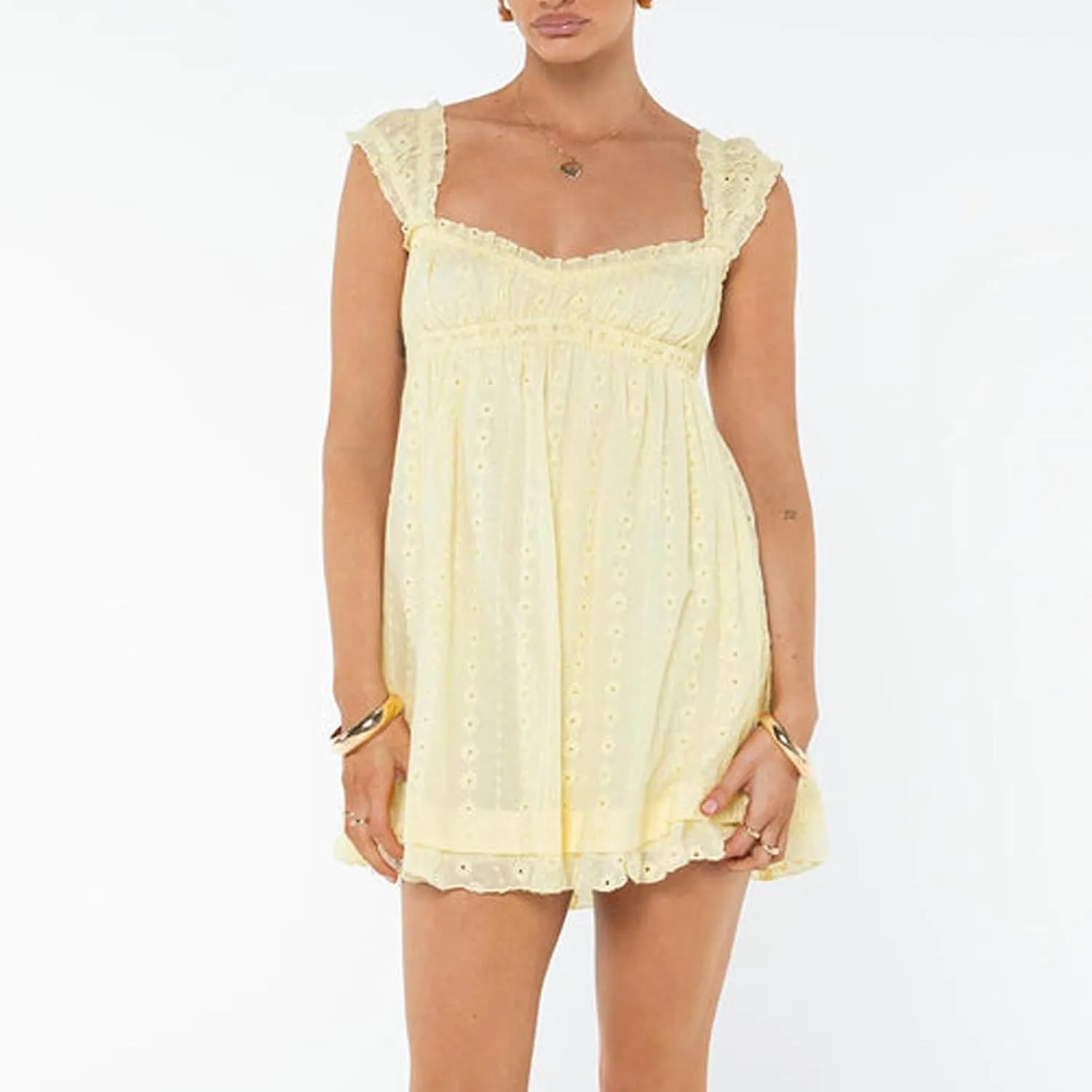 Women Floral Embroidery Mini Dress Sleeveless Ruffle Straps Flowy Sundress Solid Ruched High Waist A-line Dresses