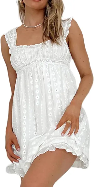 Women Floral Embroidery Mini Dress Sleeveless Ruffle Straps Flowy Sundress Solid Ruched High Waist A-line Dresses