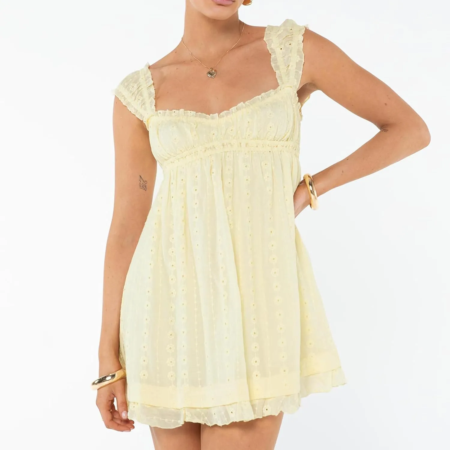 Women Floral Embroidery Mini Dress Sleeveless Ruffle Straps Flowy Sundress Solid Ruched High Waist A-line Dresses