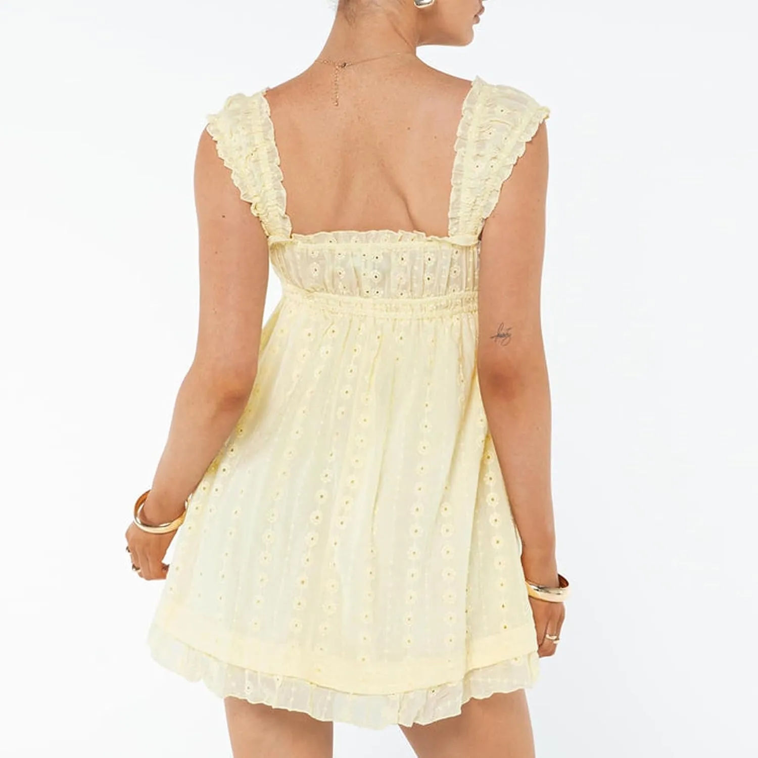 Women Floral Embroidery Mini Dress Sleeveless Ruffle Straps Flowy Sundress Solid Ruched High Waist A-line Dresses