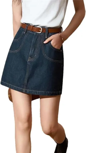 Women High Waisted Denim Skirts High Waisted Casual Solid Knee-Length Jean Skirt with Pockets
