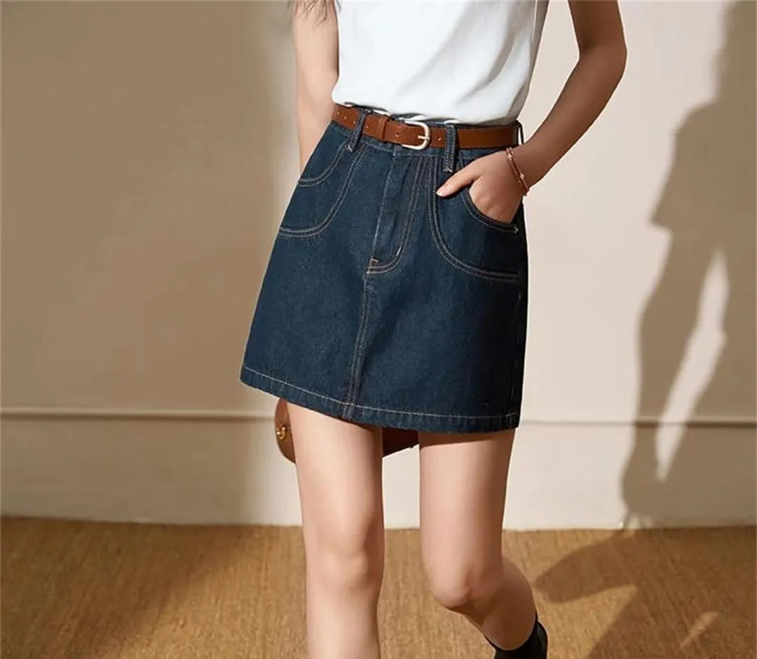 Women High Waisted Denim Skirts High Waisted Casual Solid Knee-Length Jean Skirt with Pockets