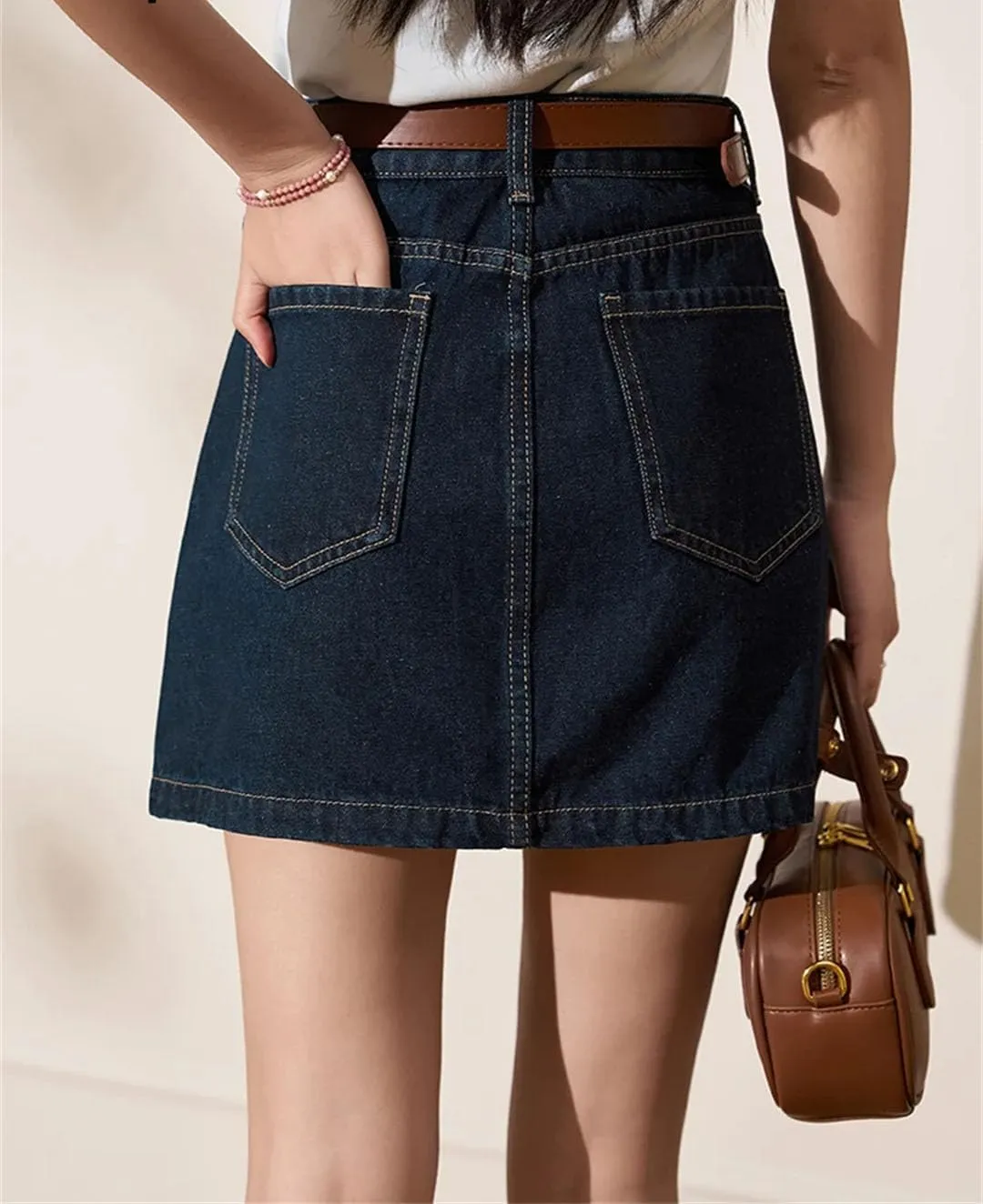 Women High Waisted Denim Skirts High Waisted Casual Solid Knee-Length Jean Skirt with Pockets