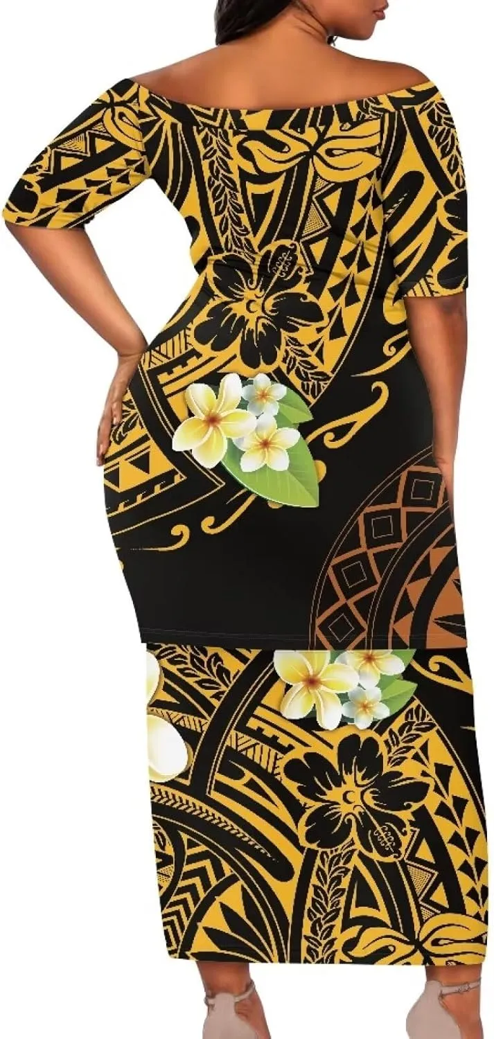 Women Plus Size Crew Neck Two Piece Set Polynesian Puletasi Samoa Off Shoulder Long Dress Set Top Skirts Outfits