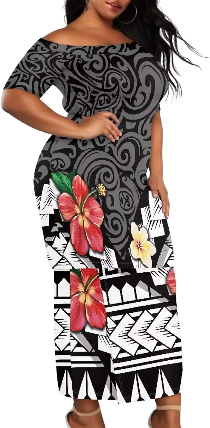 Women Plus Size Crew Neck Two Piece Set Polynesian Puletasi Samoa Off Shoulder Long Dress Set Top Skirts Outfits