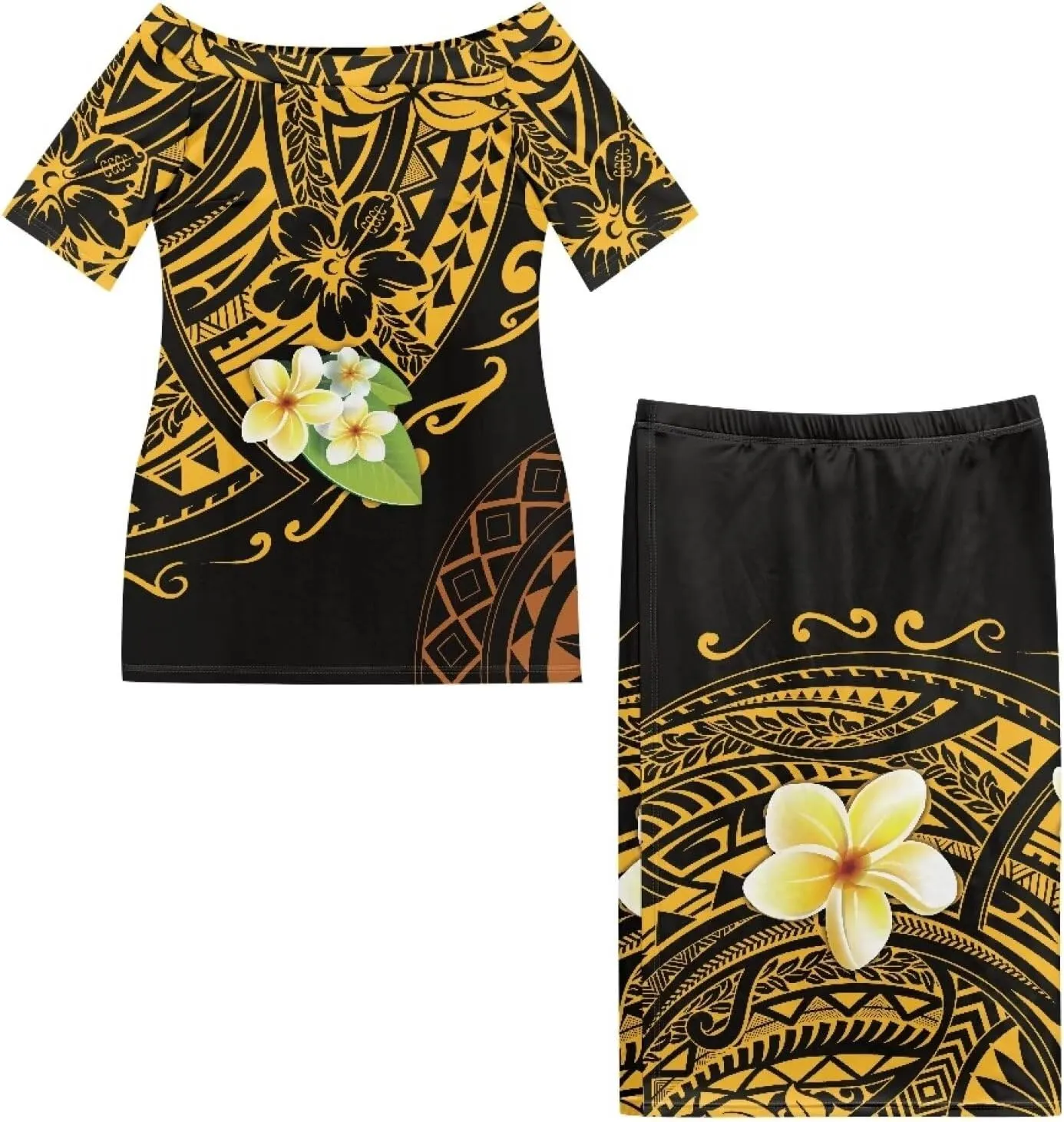 Women Plus Size Crew Neck Two Piece Set Polynesian Puletasi Samoa Off Shoulder Long Dress Set Top Skirts Outfits