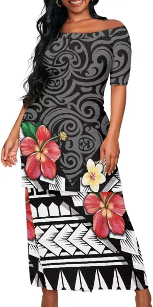 Women Plus Size Crew Neck Two Piece Set Polynesian Puletasi Samoa Off Shoulder Long Dress Set Top Skirts Outfits
