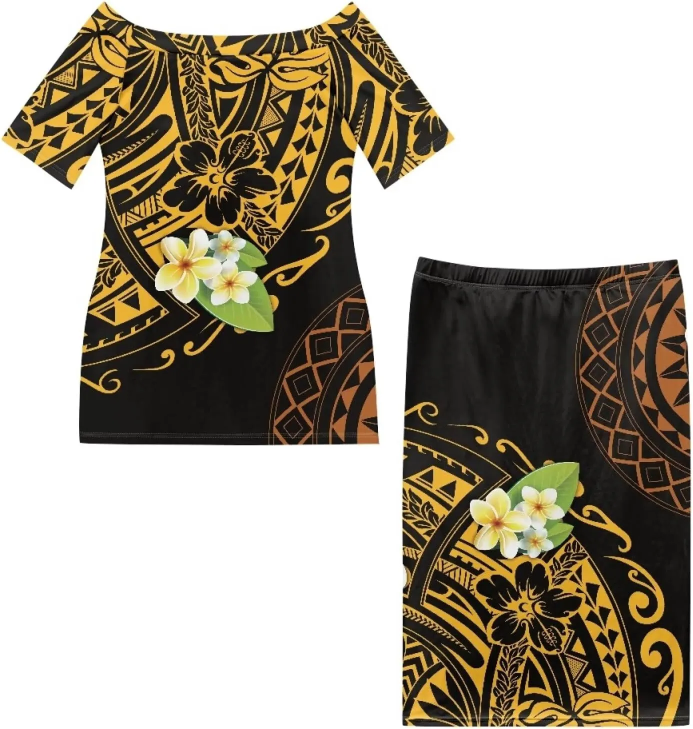 Women Plus Size Crew Neck Two Piece Set Polynesian Puletasi Samoa Off Shoulder Long Dress Set Top Skirts Outfits