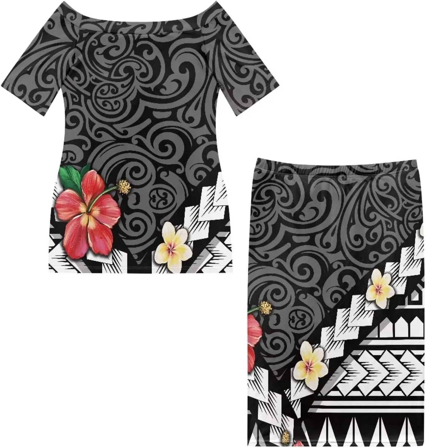 Women Plus Size Crew Neck Two Piece Set Polynesian Puletasi Samoa Off Shoulder Long Dress Set Top Skirts Outfits
