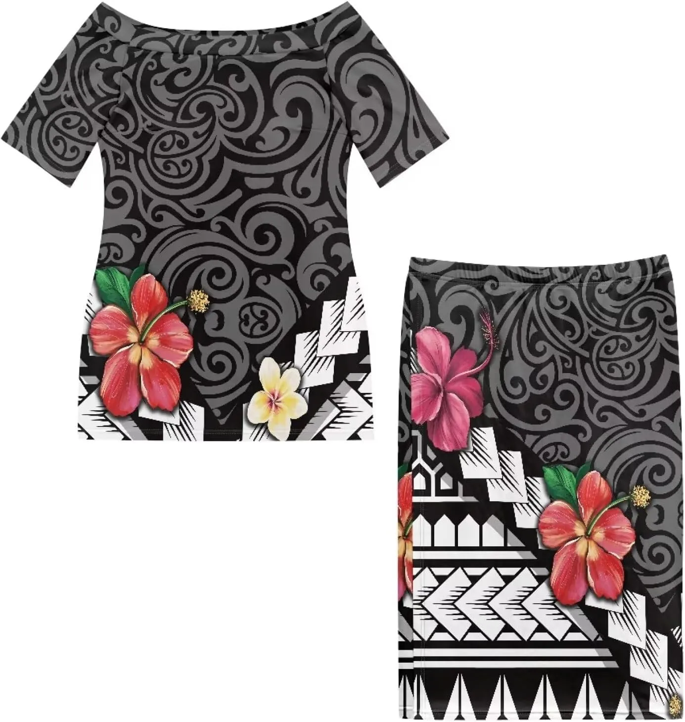 Women Plus Size Crew Neck Two Piece Set Polynesian Puletasi Samoa Off Shoulder Long Dress Set Top Skirts Outfits