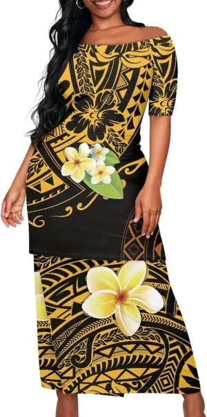 Women Plus Size Crew Neck Two Piece Set Polynesian Puletasi Samoa Off Shoulder Long Dress Set Top Skirts Outfits