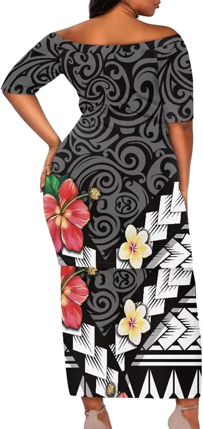 Women Plus Size Crew Neck Two Piece Set Polynesian Puletasi Samoa Off Shoulder Long Dress Set Top Skirts Outfits