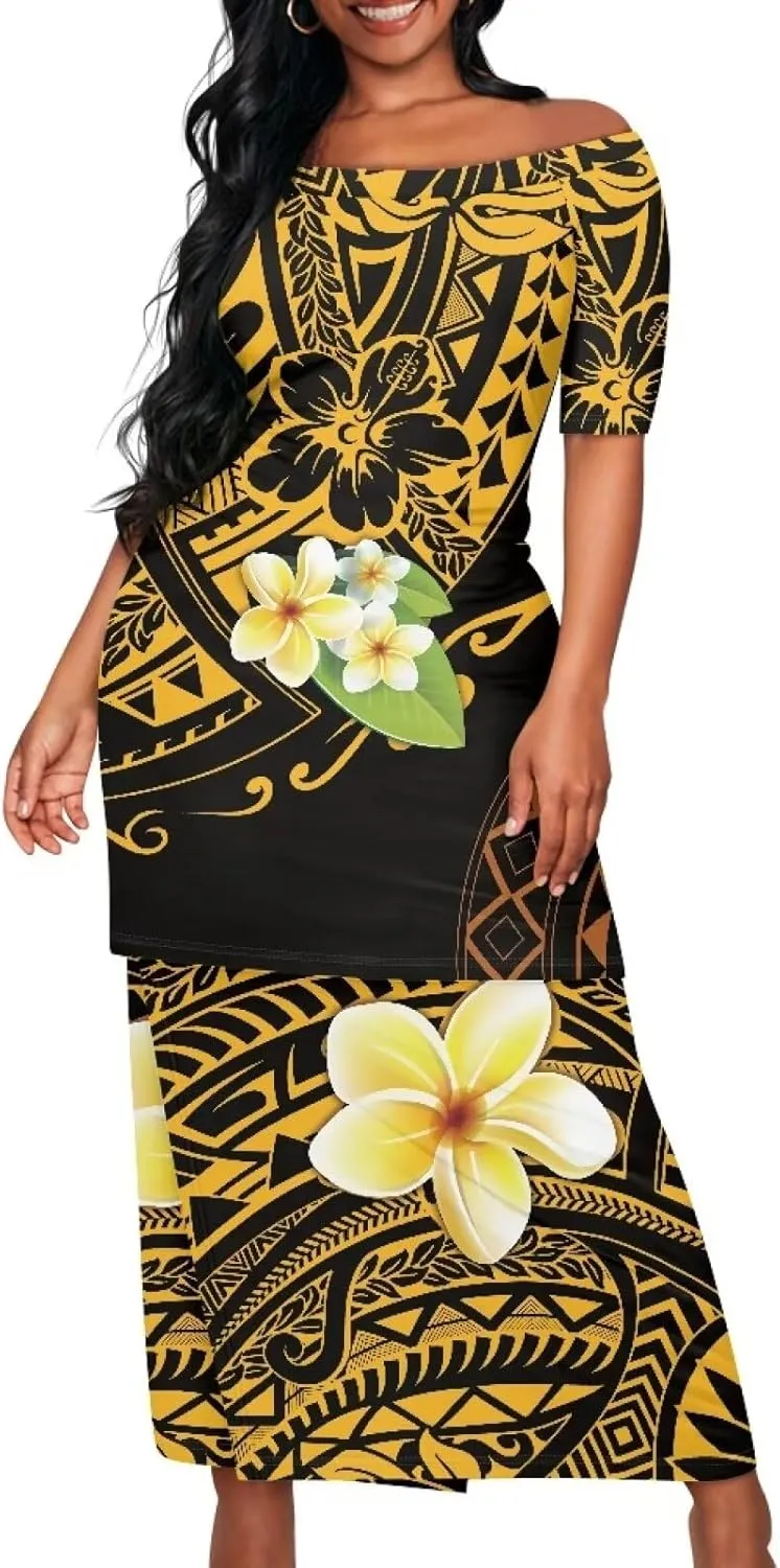 Women Plus Size Crew Neck Two Piece Set Polynesian Puletasi Samoa Off Shoulder Long Dress Set Top Skirts Outfits