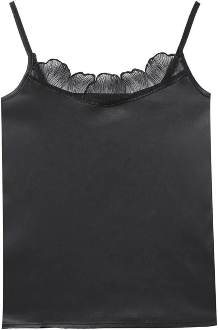 Women Vintage Blouse with Lace Detail V-Neck Camisole Polyester Tank Top