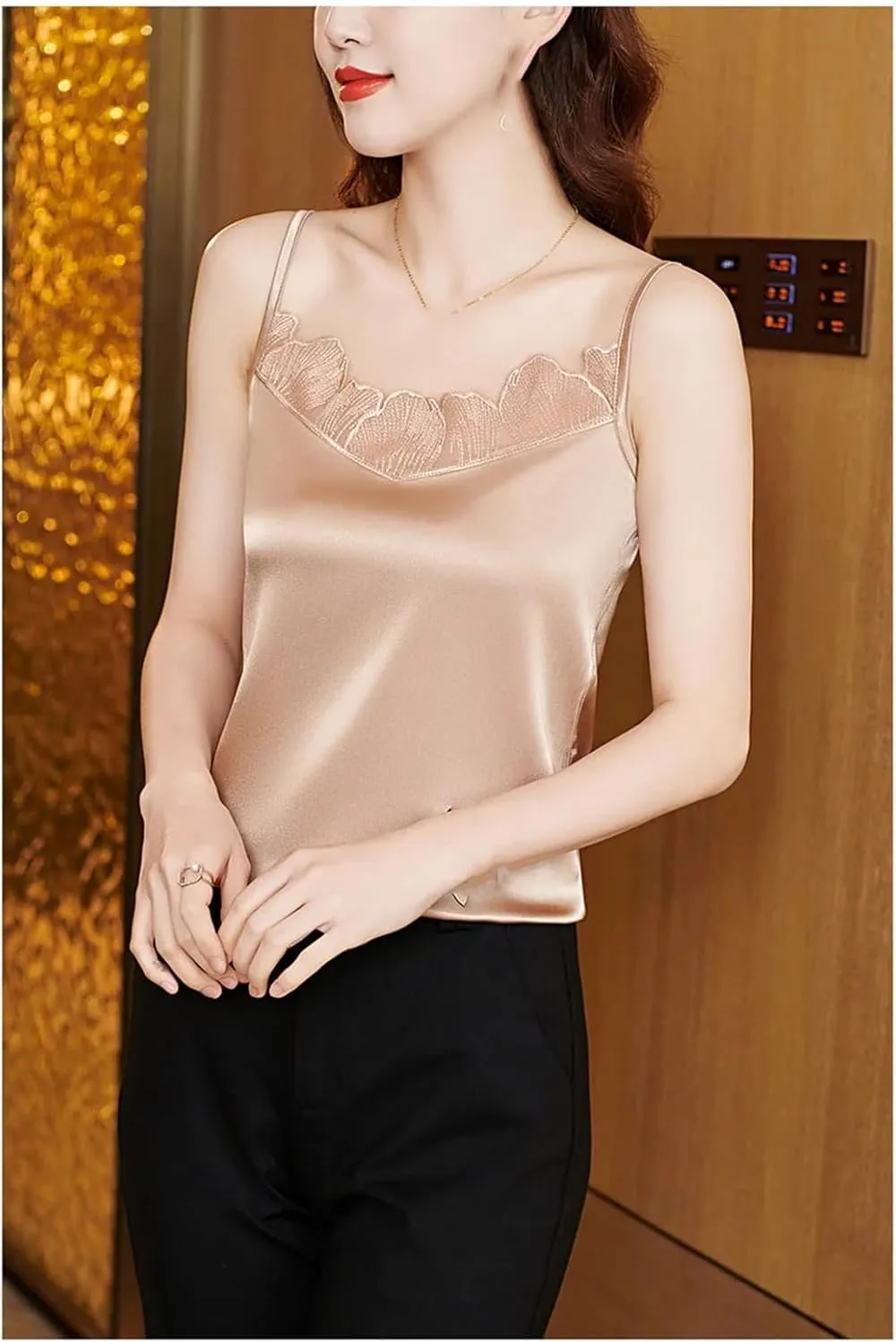 Women Vintage Blouse with Lace Detail V-Neck Camisole Polyester Tank Top