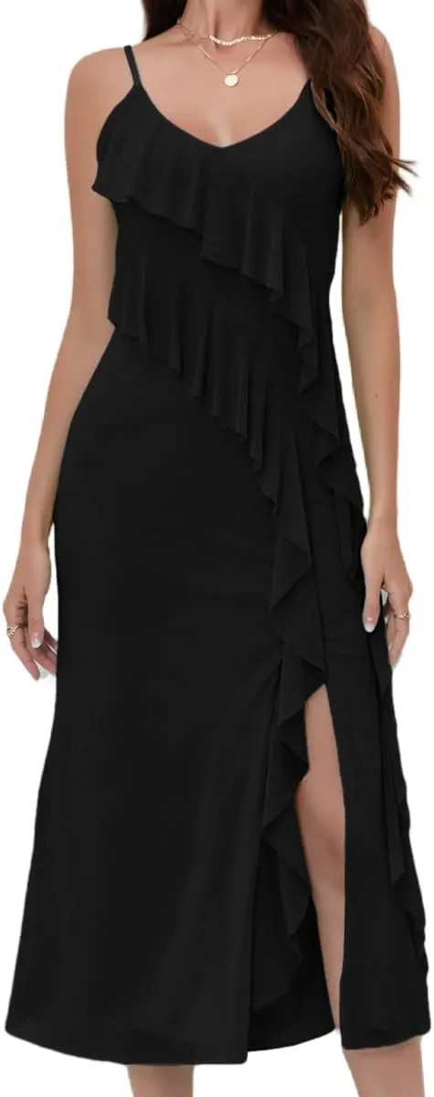 women'Printed Mesh Boho Floral Long Dress Ruffle Hem Slip Sleeveless V Neck Wrap Maxi Dress