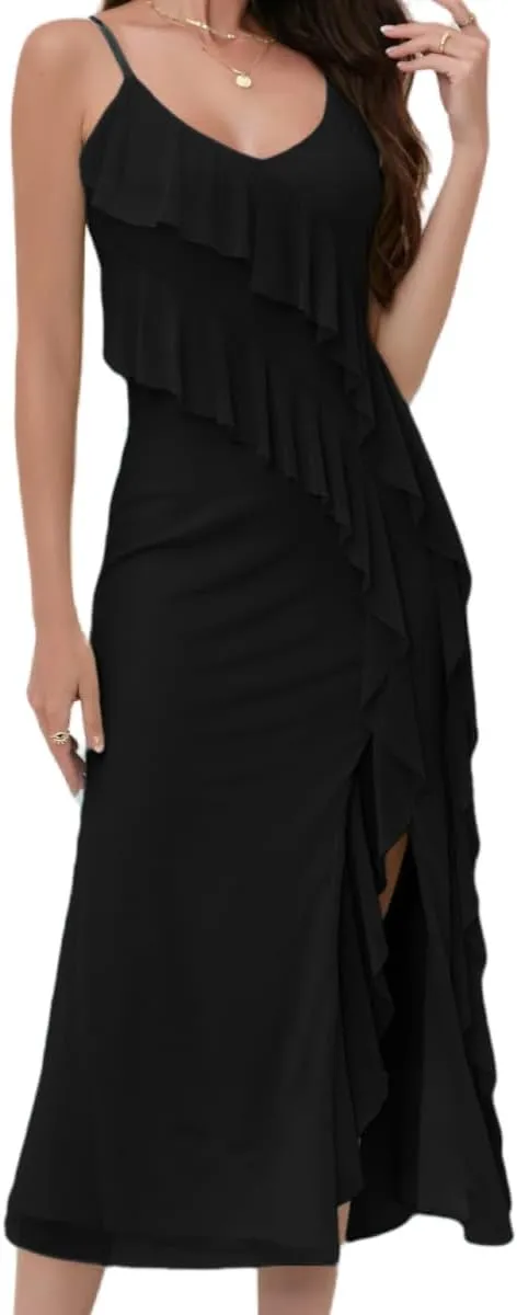 women'Printed Mesh Boho Floral Long Dress Ruffle Hem Slip Sleeveless V Neck Wrap Maxi Dress