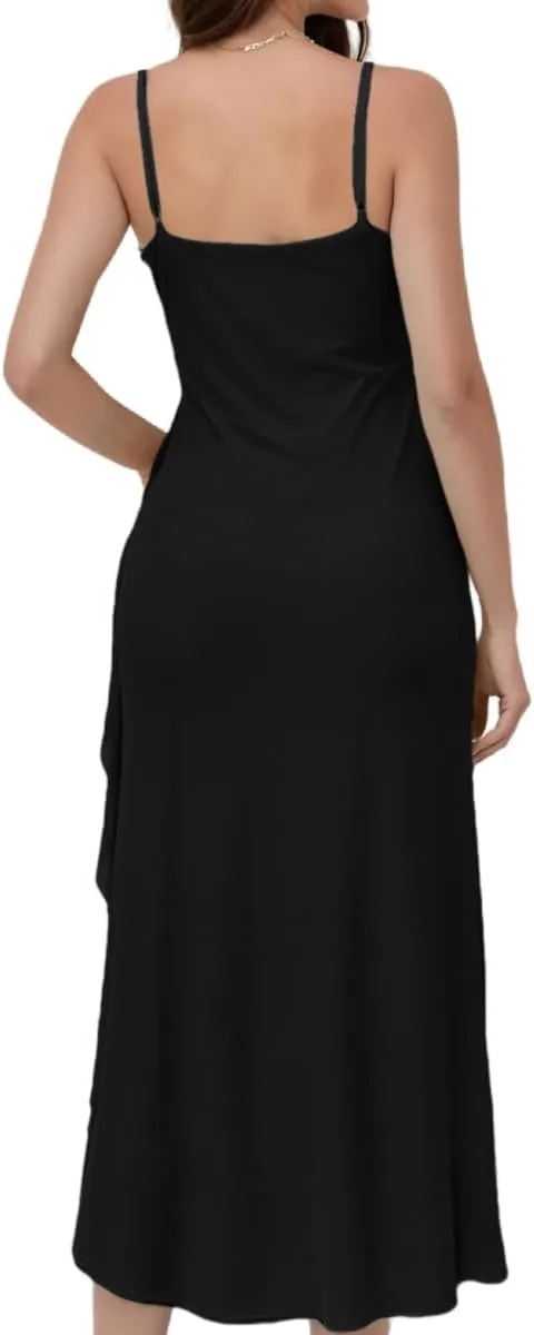 women'Printed Mesh Boho Floral Long Dress Ruffle Hem Slip Sleeveless V Neck Wrap Maxi Dress