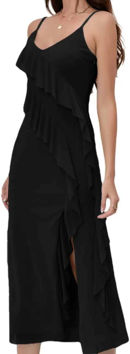 women'Printed Mesh Boho Floral Long Dress Ruffle Hem Slip Sleeveless V Neck Wrap Maxi Dress