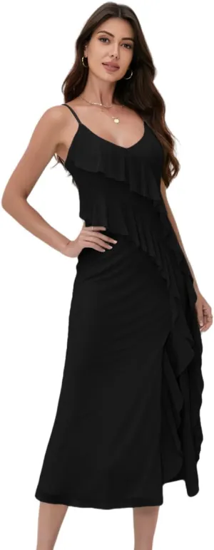 women'Printed Mesh Boho Floral Long Dress Ruffle Hem Slip Sleeveless V Neck Wrap Maxi Dress