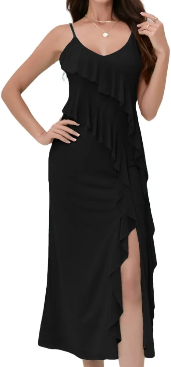 women'Printed Mesh Boho Floral Long Dress Ruffle Hem Slip Sleeveless V Neck Wrap Maxi Dress