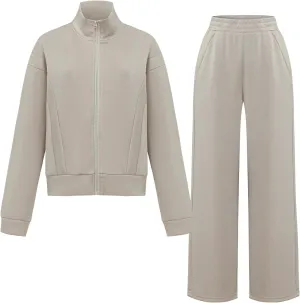 Women's 2 Piece Contrast Striped Zip Up Sweatshirt and Wide Leg Pants Athletic Jogger Sweatpants Suits