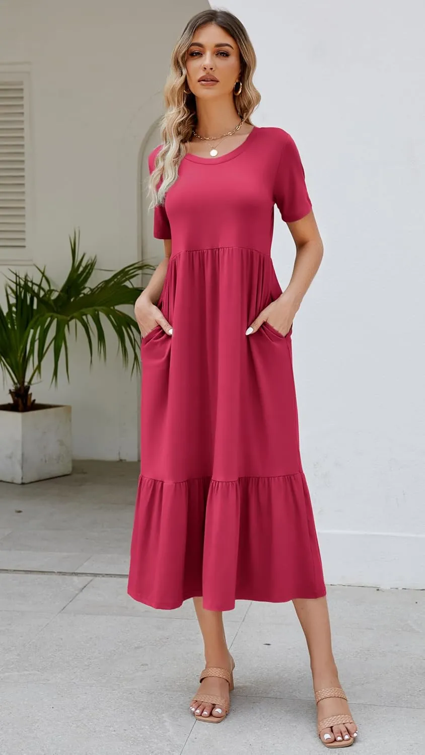 Women's 2025 Summer Short Sleeve Crew Neck Swing Dress Flowy Tiered Maxi Beach Sundress with Pockets