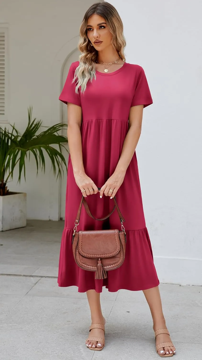 Women's 2025 Summer Short Sleeve Crew Neck Swing Dress Flowy Tiered Maxi Beach Sundress with Pockets