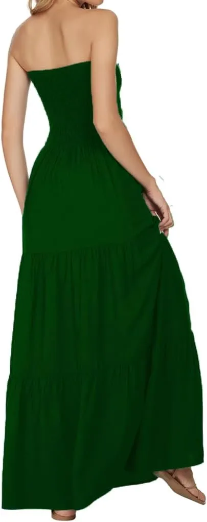 Women's Casual Off Shoulder Maxi Dress Strapless Tube Top Bohemian Beach Long Dresses 092