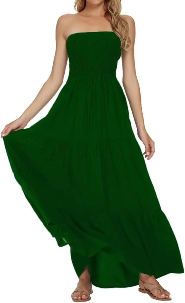 Women's Casual Off Shoulder Maxi Dress Strapless Tube Top Bohemian Beach Long Dresses 092