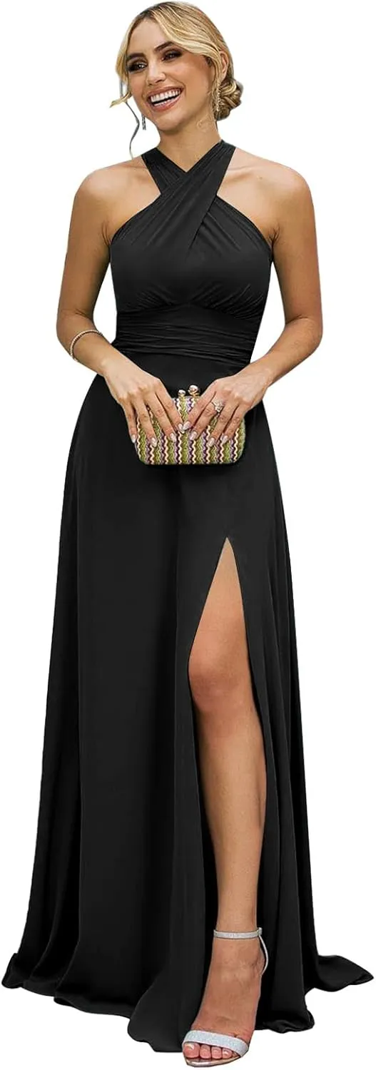 Women's Halter Bridesmaid Dresses Long with Slit Flowy Chiffon A-Line Formal Evening Dress for Party